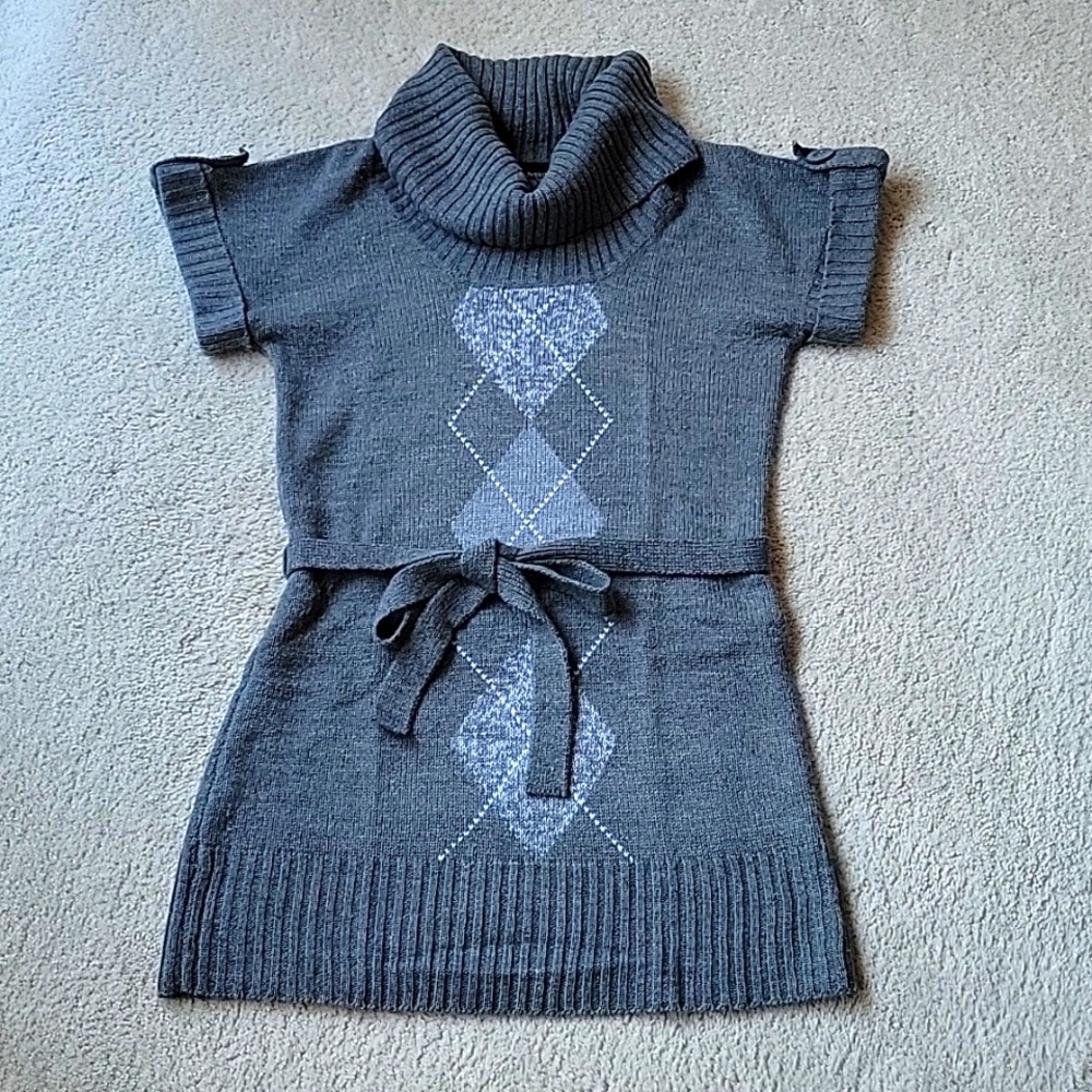 Argyle Tunic Cowl Neck Sweater - Gray Size M